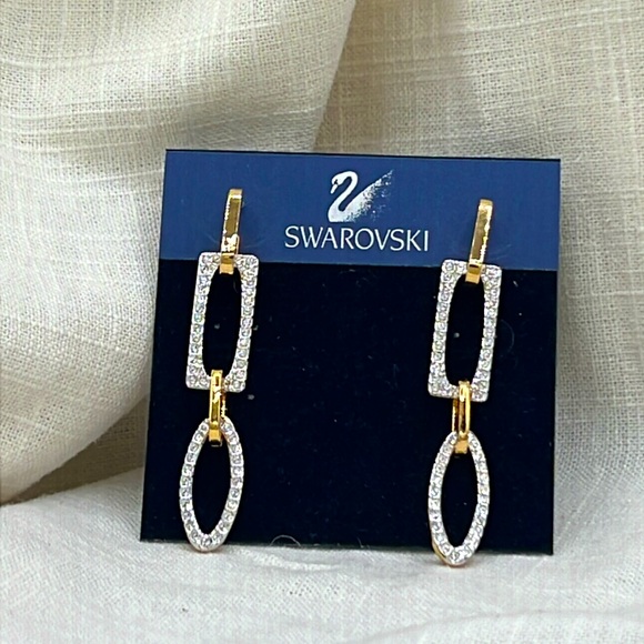 Swarovski Accessories - Swarovski NWT Vintage Gold Rhinestone Dangle Pierced Earrings 2 1/2” Long (J008)